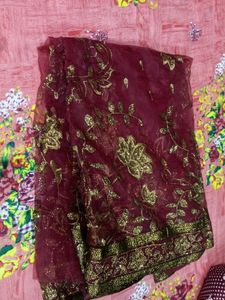Maroon &amp; Gold Embroidered Dupatta