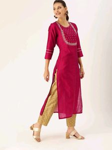 Women Magenta & Silver Embellished Straight Kurta
