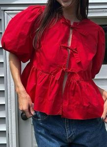 Red Puff Sleeve Tie-Front Top