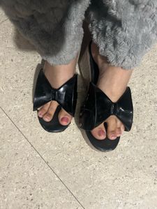 Black Wedge Heel Bow Sandals