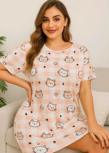 Silk Fabric Cute Cat Print Nightdress All Sizes