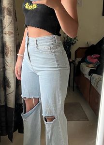 Blue Ripped Straight Leg Denims