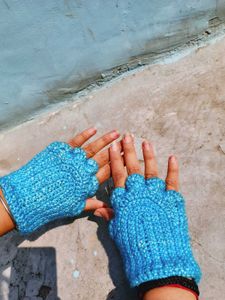 Crochet Blue Fingerless Gloves