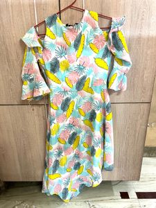 Tropical Print Cold-Shoulder Dress with Ruffle Sle