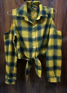 Yellow Plaid Cold Shoulder Tie-Front Top