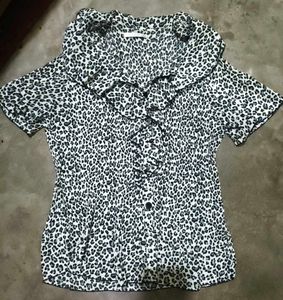 Pleated Ruffle Neck Animal Print Top