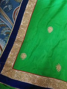 Green &amp; Blue Embroidered Saree Set