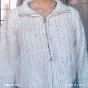 Cream Cable Knit Zip-Up Sweater