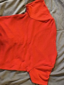Orange Ribbed Tie-Front Crop Top