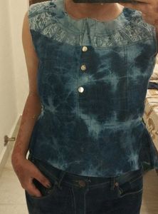 🎀Handmade Denim Tie-Dye Top with Lace🎀