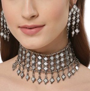 oxidised multilayered mirror choker necklace set