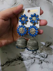 Women Fashion Earrings Blue Stones Oxidised Silver