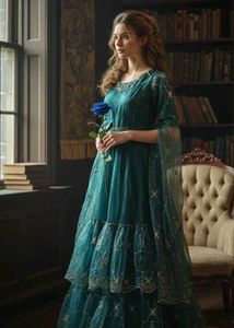 {M}Enchanting Teal &amp; Gold Embroidered Tiered Gown