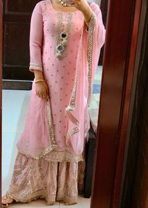 Women Pink Festive Zardozi Mirror Work Skirt Suit