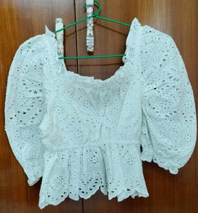 White Schiffli Peplum Coquette Top