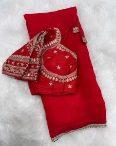 Red Saree with Embellished Blouse