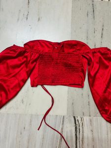 Satin Red Off Shoulder Crop Top