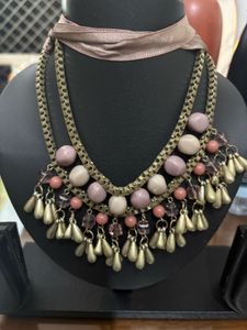 Pink Beaded & Ribbon Necklace