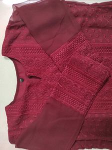 Maroon Chikankari Kurta With Net Sleeves