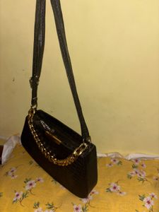 Black Faux Croc Shoulder Bag with Gold Chain