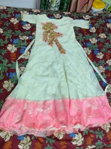 New White And Pink Long Ethnic Gown