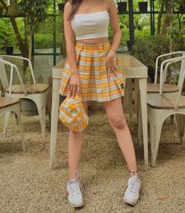 Yellow Plaid Pleated Skirt