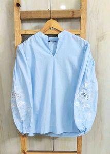 Blue Embroidered Sleeve Top size-42