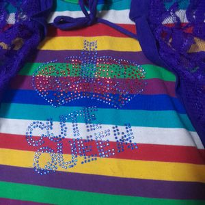 🌈Rainbow Stripes T-shirt Girls Top With Net Shrug