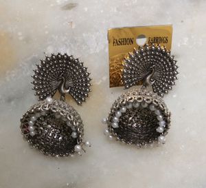 Silver Peacock Jhumka Earrings