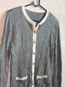 Ladies Winter Fashion Cardigan Ribbed Sweater Grey