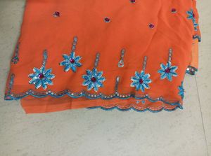 🧡💙Orange Blue &amp; 💕 Pink Tikka Work Saree 🧡💙