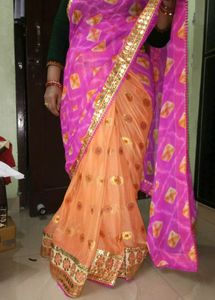 Pink Orange Embroidered Saree