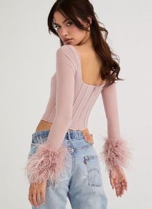 Women&#39;s Feather Long Sleeve Corset Top Faux Fur