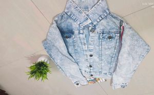 Acid Wash Denim Jacket with Striped Sleeves