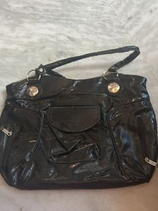 Black Faux Leather Shoulder Bag with Pockets