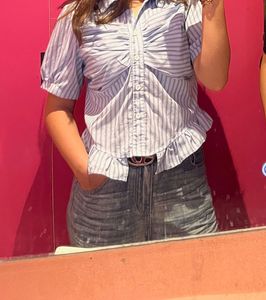 Blue Striped Shirt With Ruffles