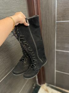 Black Lace-Up Knee High Boots