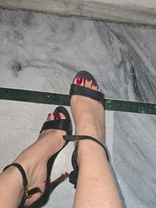 fancy used black high heels with bow