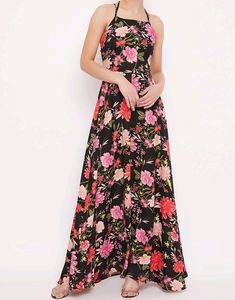 Black Floral Printed Backless Tie Up Maxi Dress
