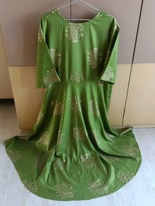 Flared Green Gold Printed A-line Gown
