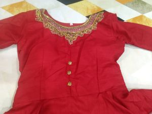 RED ANARKALI FLARED GOWN WITH EMBROIDERED DOPATTA