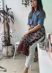 Floral Print Kurti with Denim Jacket