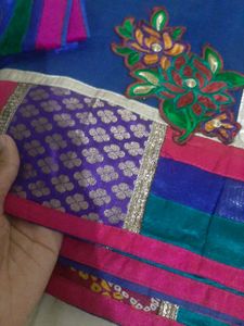 Blue Patchwork Border Saree