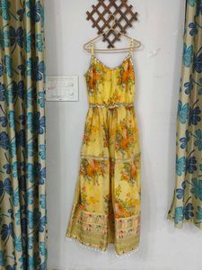 Floral Print Party Wear Yellow Ethnic Dress
