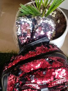 Red Sequin Backpack With Pink Bunny Ears And Bow