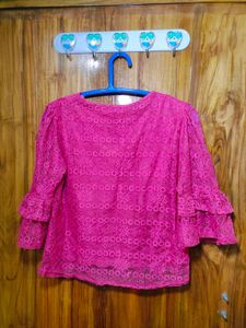 Pink Lace Top w/ Ruffle Sleeves