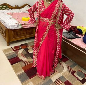 Beautiful Saree With Stiched Blouse And Jacket