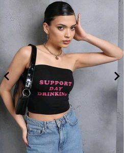 Strapless Typographic Print Short Tube Fitted Top