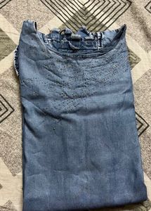 Denim tunic top with ruffle sleeves