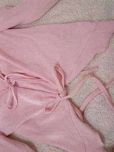 Pink Tie-Front Ribbed Knit Top